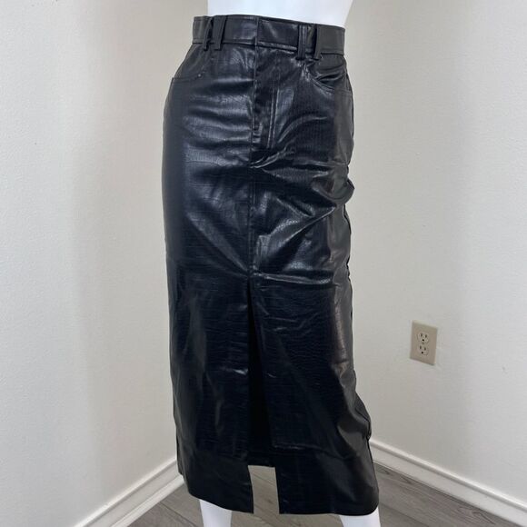Zara Women Size XS Black Faux Leather Croc Embossed Slit Pencil Midi NEW Skirt - Picture 8 of 12